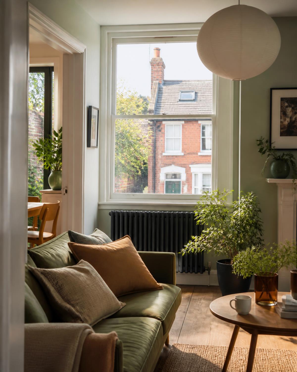 A warm, energy-efficient British living room with a radiator and natural daylight